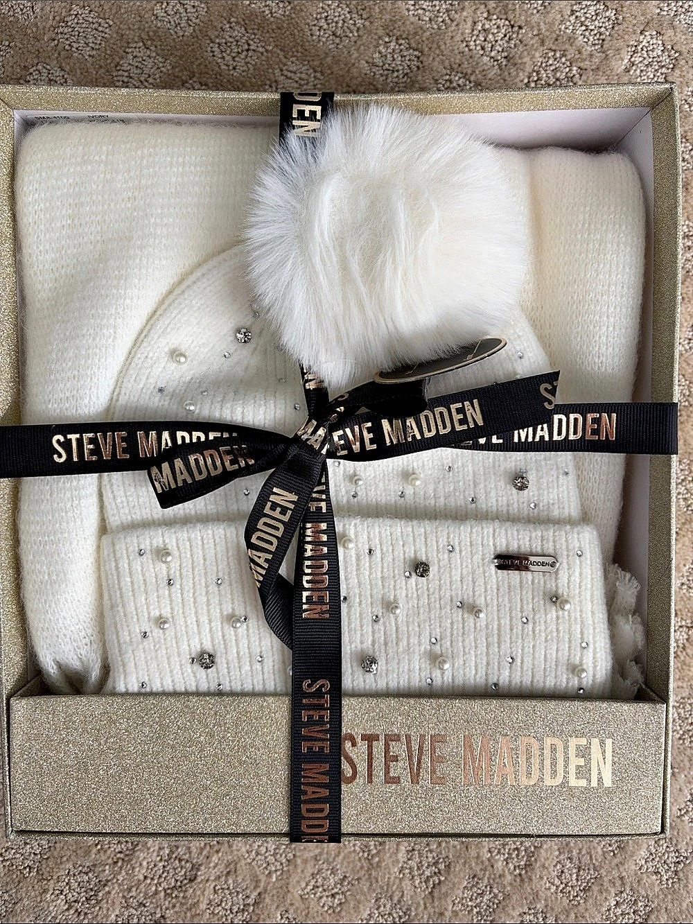 Steve Madden Women's Embellished Beanie and Knit Scarf Holiday Gift Set